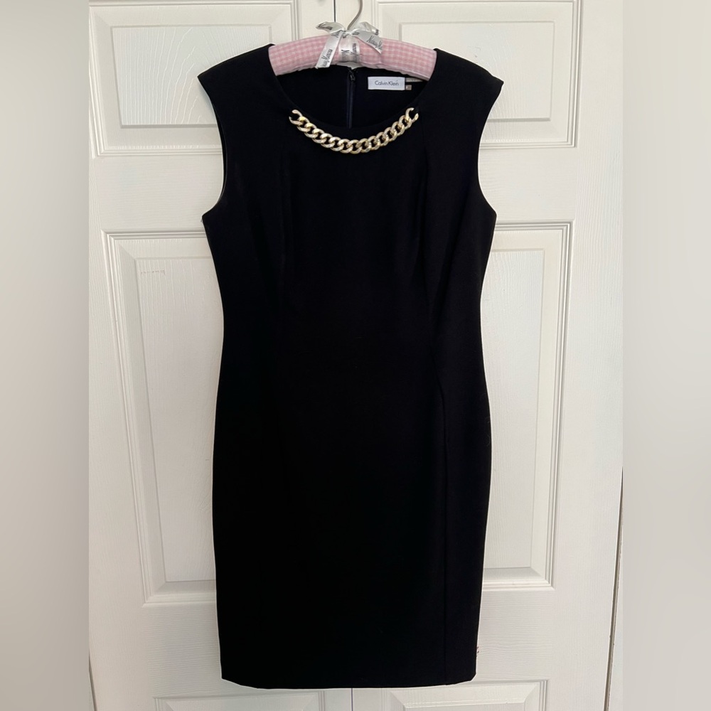 Calvin Klein Sleeveless Black with Gold Chain Sheath Dress-Size 8